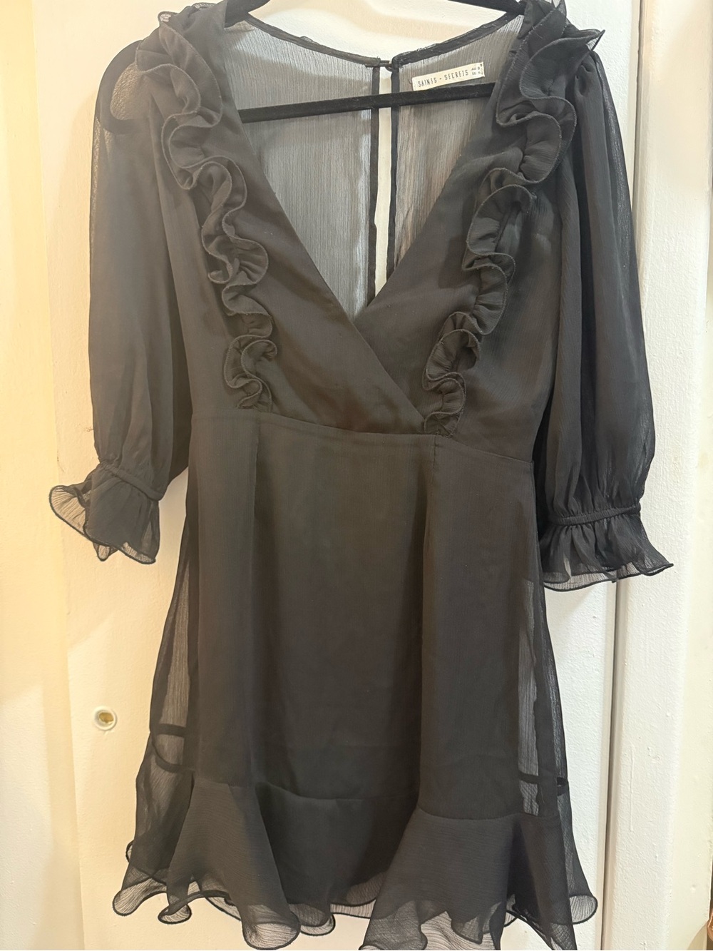 Sheer Ruffle V-Neck Mini Dress - Black